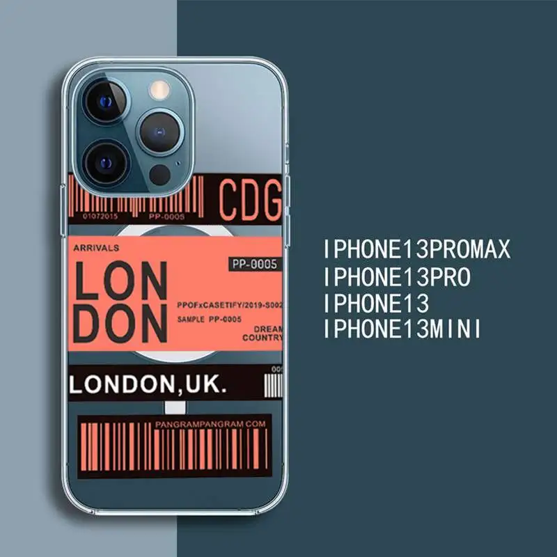 

Hot Label Air ticket travel London Pari Phone Case For iPhone 13 12 11 Mini Pro Max transparent Super Magnetic MagSafe Cover