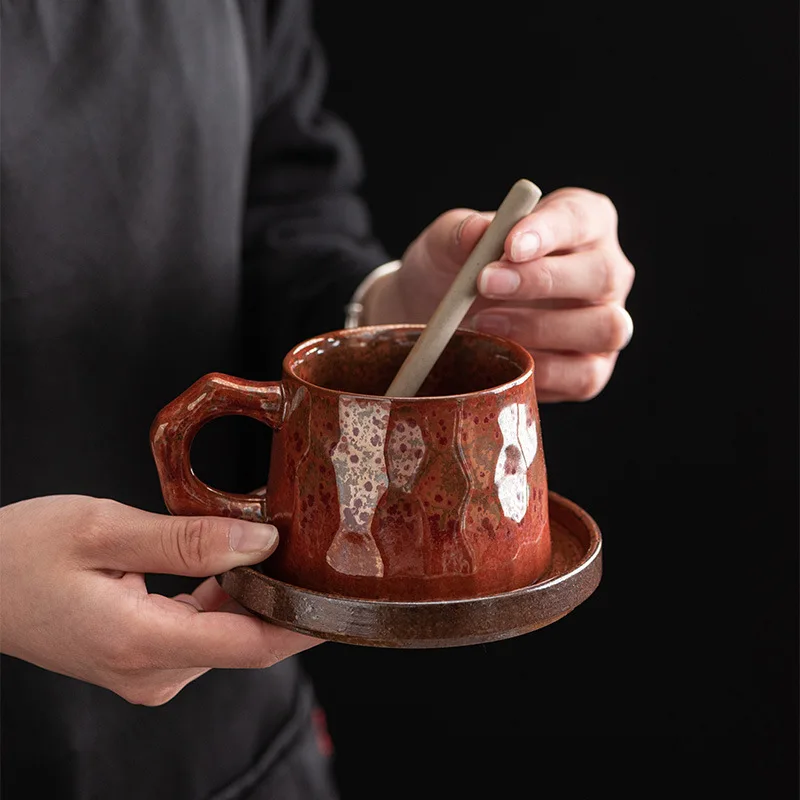 

Japanese Style Coarse Pottery Coffee Set Suit Creative Vintage Ceramic Latte Steam Pitcher Milk Breakfast Handmade Cup