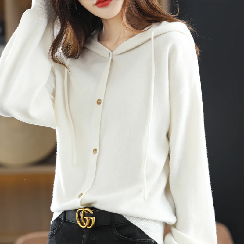 Тонкий шерстяной вязаный кардиган с капюшоном