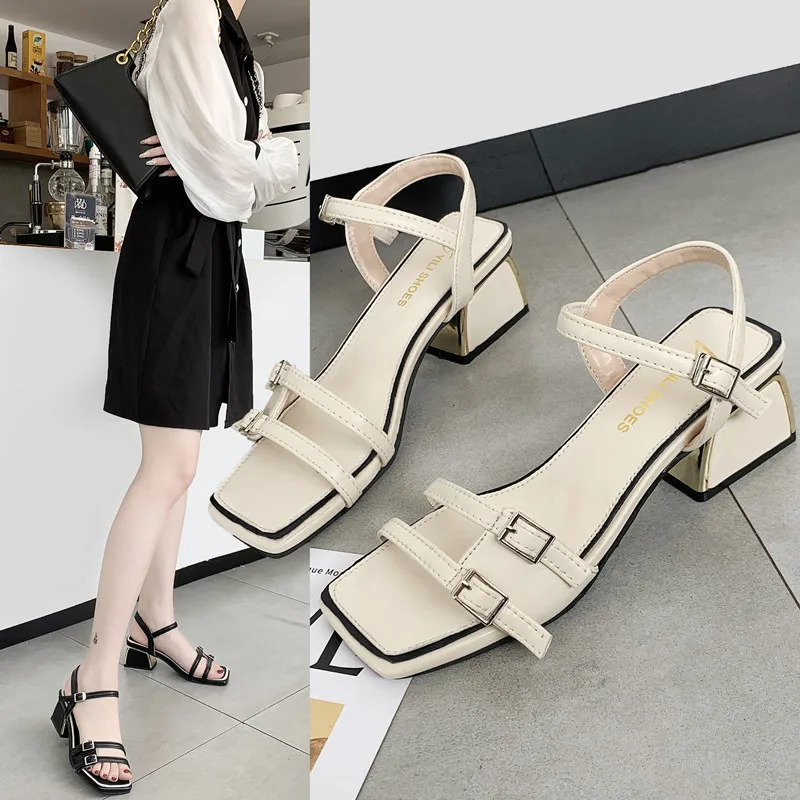 

Summer New Fashion Party Slippers Women Shoes Black White Double Buckle Chunky Heel Ladies Sandal Female Sandals Shoes