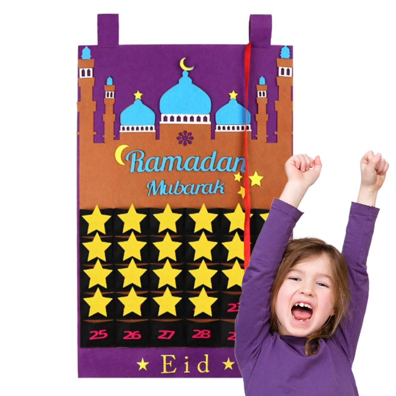 

Календарь для Рамадана, муслиновый календарь с узором в виде замка и звезд, войлочный календарь для рукоделия, с карманами для конфет, для тв...