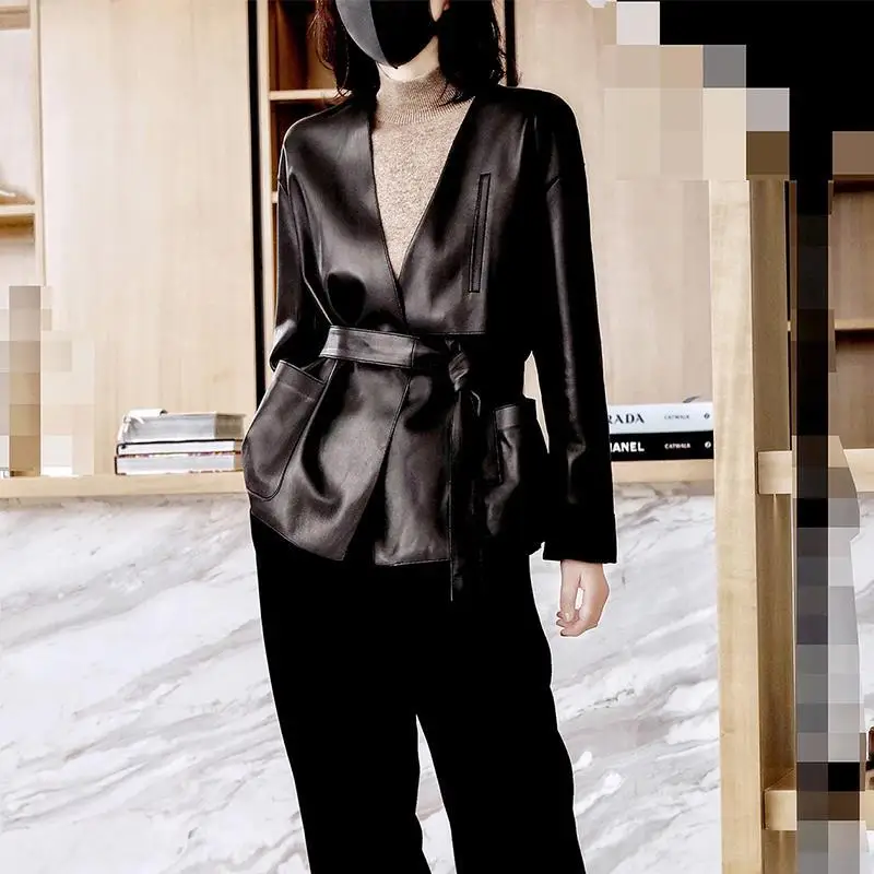 Fitaylor New Spring Autumn Pu Jacket Women Fashion V-neck Lace-up Faux Leather Lady Loose Solid Color Coat | Женская одежда