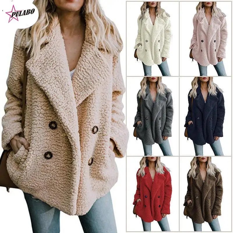 

Womens Fleece Open Front Coat with Pockets Outerwear Lamb Wool Autumn Winter Coat Jacket Fleece Shaggy Warm Cropped Jackets