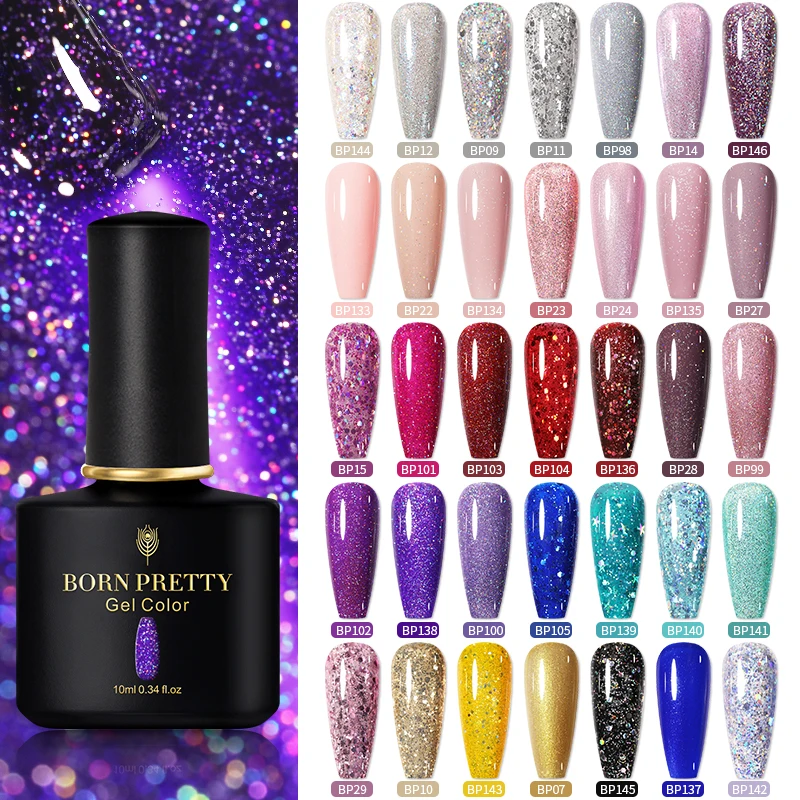 

Гель-лак для ногтей BORN PRETTY, 10 мл, блестящий лак с блестками, Полупостоянный лак для дизайна ногтей для маникюра, топовое покрытие, праймер для...