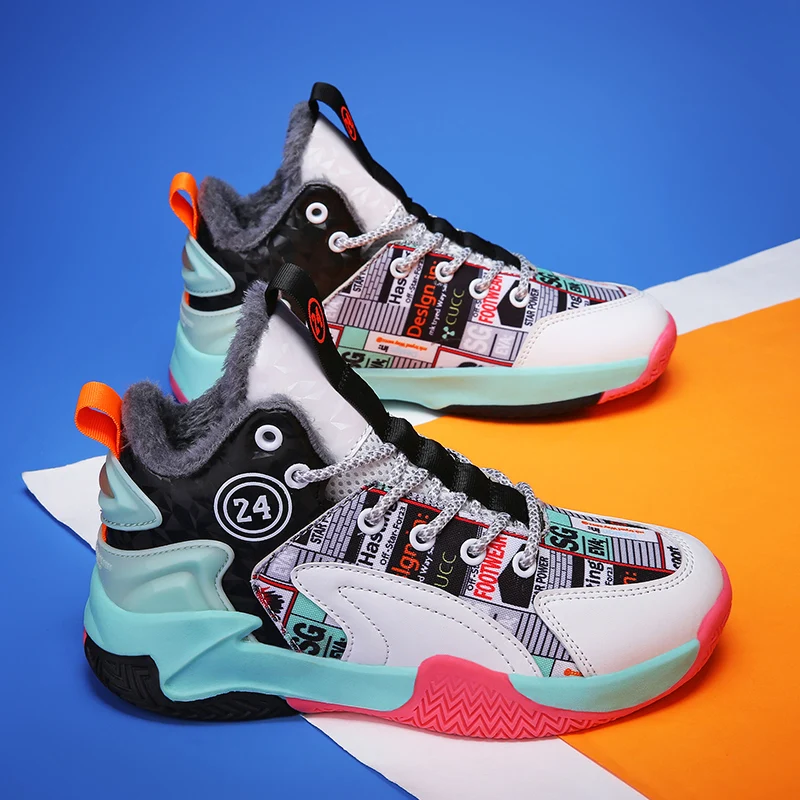 2022 Winter Plush New Children's Basketball Shoes Fashionable Comfortable Breathable Boys and Girls' Casual Sports Shoes