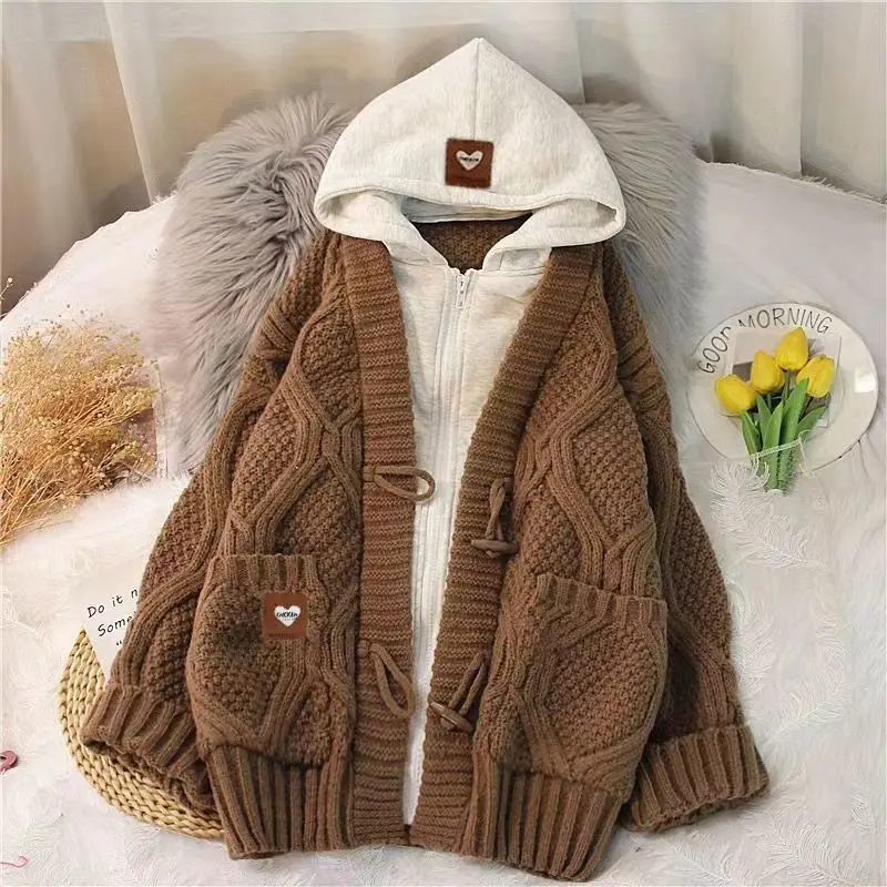 Fake two pieces set thickened knitted cardigan patchwork hooded jumper Korean fashion twist loose ladies jumper 2YK