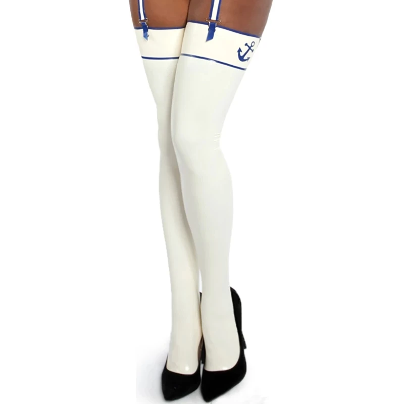 

Latex Rubber Gummi Stocking White with Blue Trims Thigh-highs Socks Customized 0.4mm Sexy Catsuit for Women