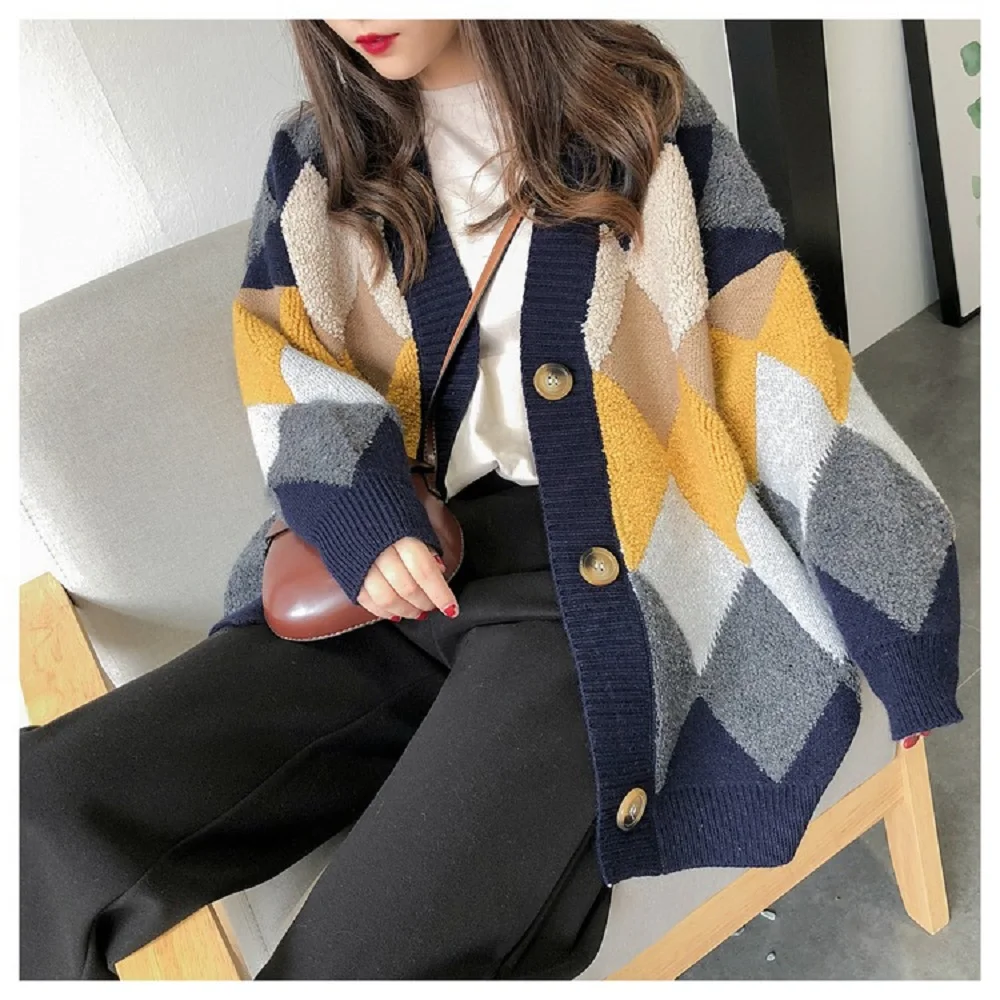

Colorfaith 2022 Plaid Chic Cardigans Button Puff Sleeve Checkered Oversized Women's Sweaters Winter Spring Sweater Tops