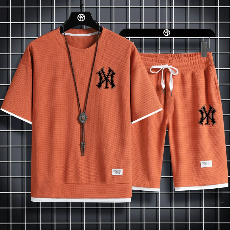 2023 Summer men;s two-piece linen fabric casual T-shirt + shorts suit men's sports suit fashion short-sleeved sportswear