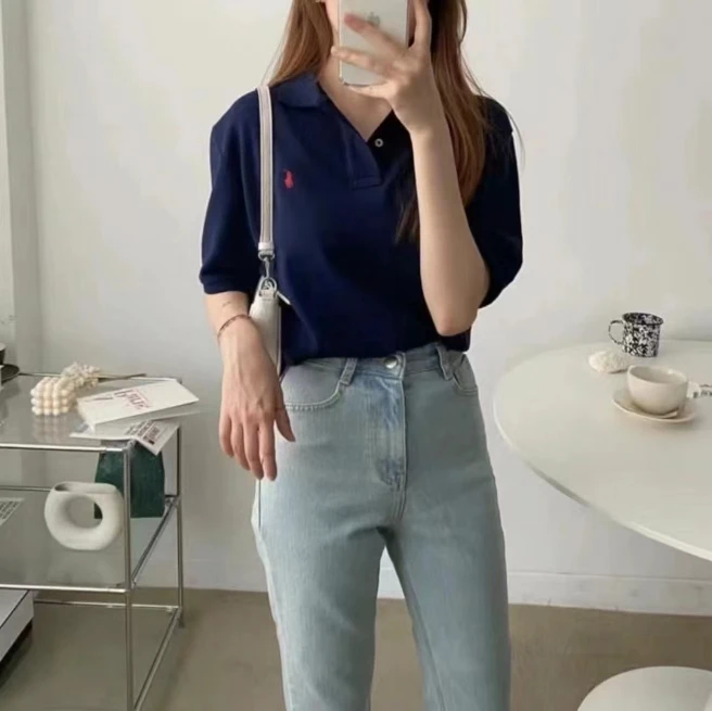 Корейская рубашка-поло sle Pony Paul женская футболка с отложным воротником и коротким