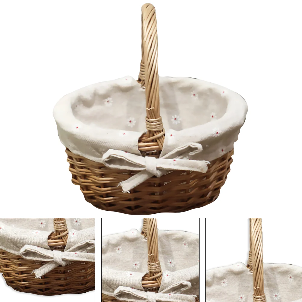 

Basket Flower Girl Wedding Woven Baskets White Handle Design Bowknot Rhinestone Lace Petal Modern Satindecorative Wicker Willow