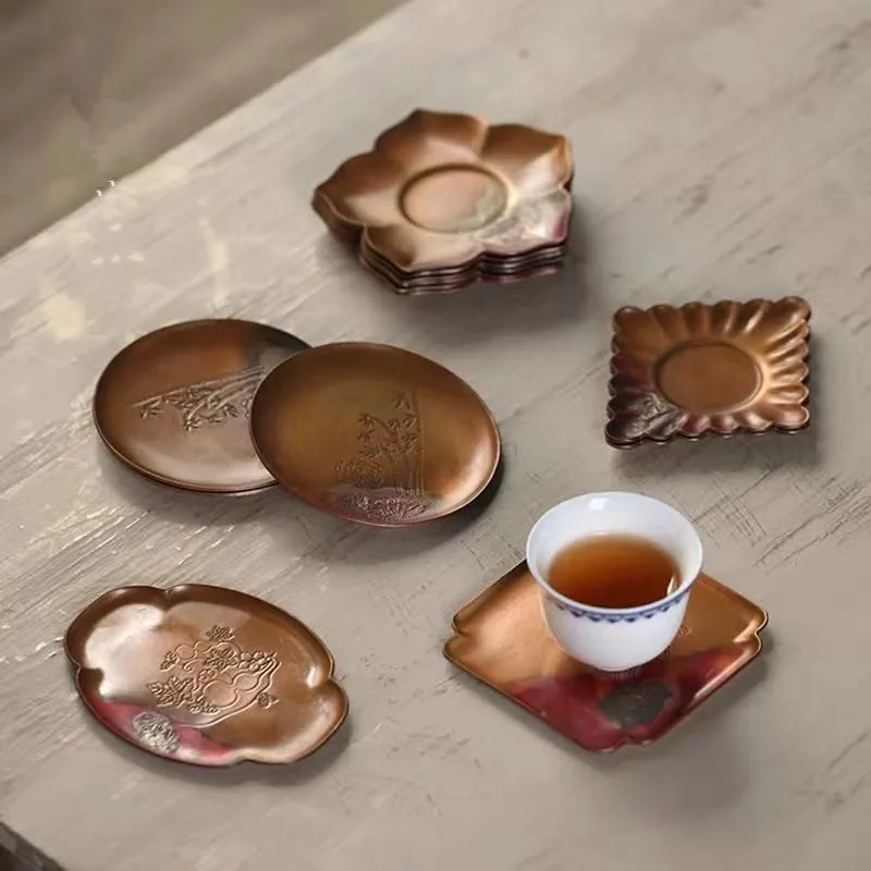

Silver Carved Copper Cup Saucer Pure Copper Thickened Kung Fu Tea Coaster Teacup Mat Heat Teacup Mat Tea Ceremony Coasters