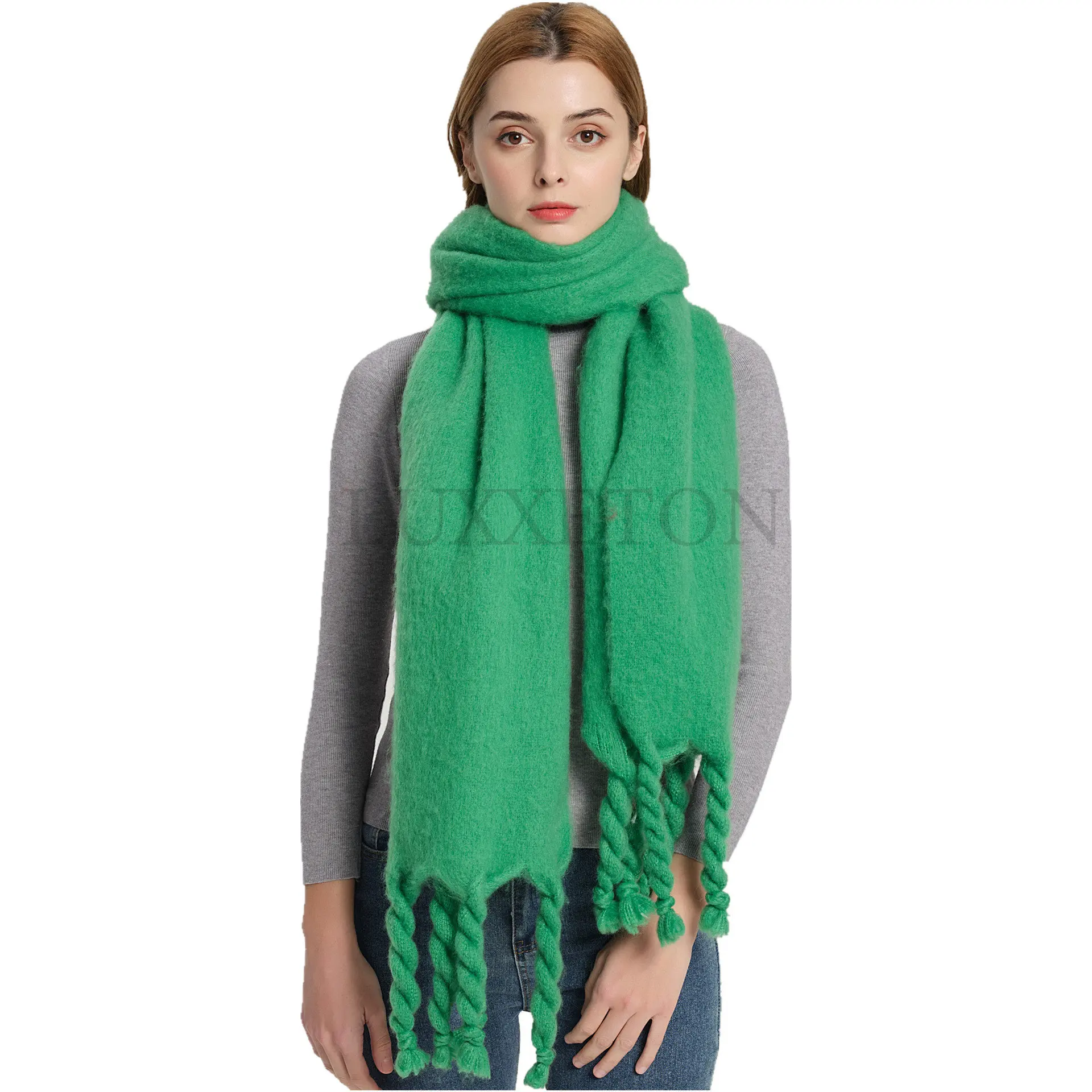 

Fashion Green Shawl for Women Thick Braids Tassel Solid Color Scarf Simple Winter Warm Streetwear Office Lady Woman Ponchos