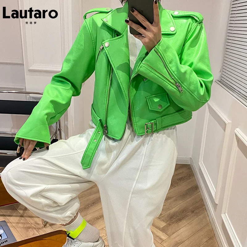 

Lautaro Y2k Short Green Gecko Biker Leather Jacket Long Sleeve Zipper Belt Colored Stylish Outerwear for Women Fashion