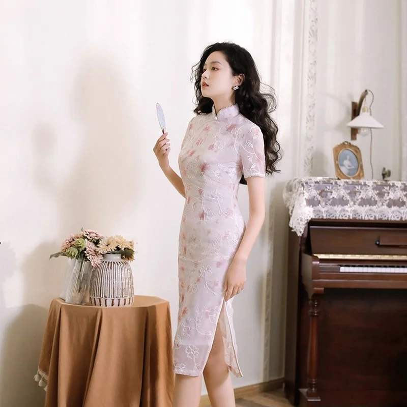 

Ципао улучшенное шифоновое средней длины для самовыращивания, придающее стройность, в Восточном китайском стиле, женское летнее 2023