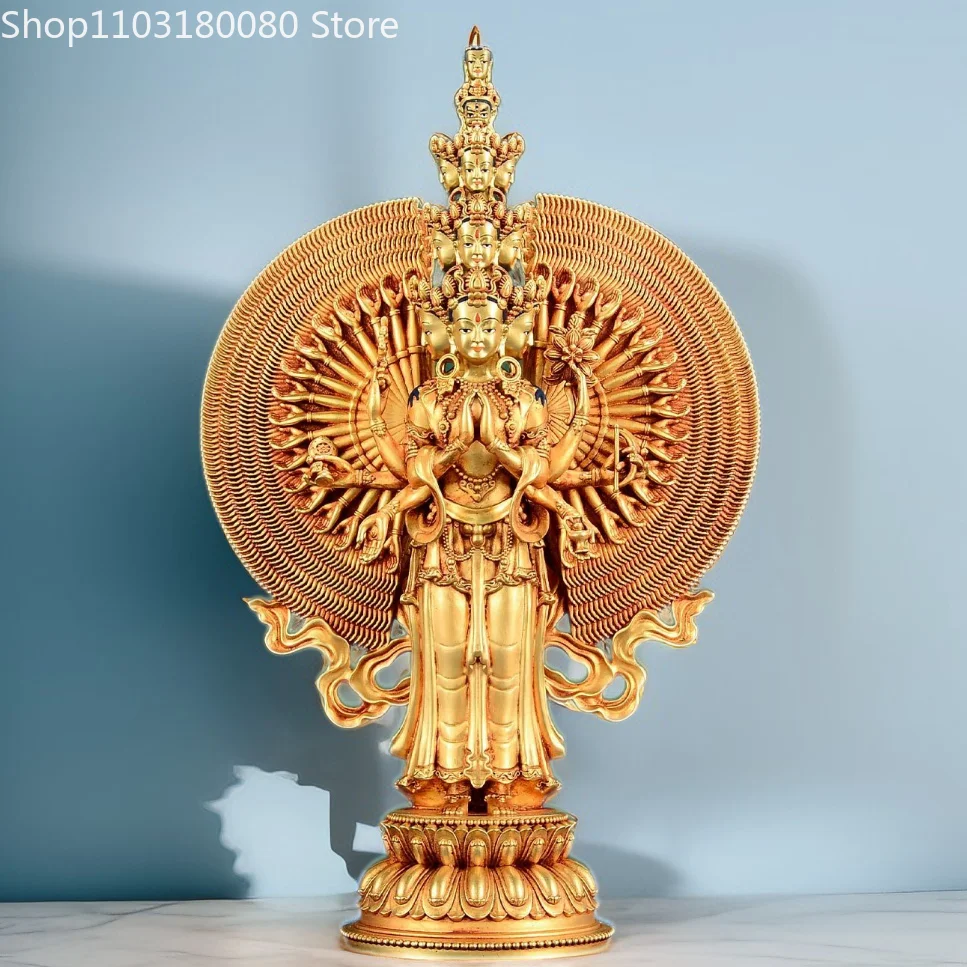 31 см Изысканная медная позолоченная резная искусственная кожа Тибет Кван-инь