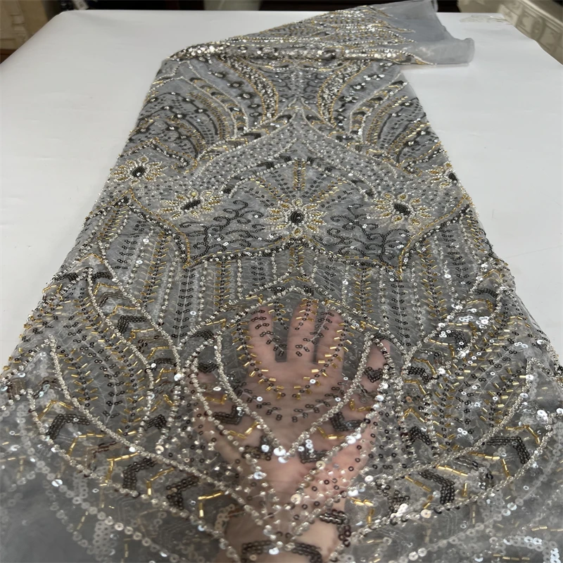 

Luxury African Heavy Bead Lace Fabric 2023 High Quality Nigerian Sequins French Tulle Fabric Material For Wedding Party