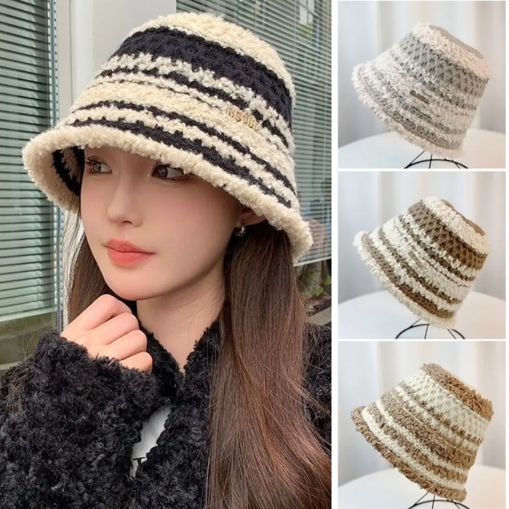 

Contrast Stripes Women Buket Hat Fashion Windproof Thicken Warm Beanie Cap Knitted Fisherman Hat Winter