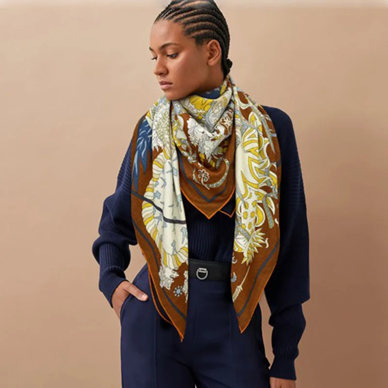 

Кашемировый шарф бренда H 140 с двусторонним принтом Шелковый шерстяной квадратный шарф зимние палантины модная женская шаль Пашмина женский палантин