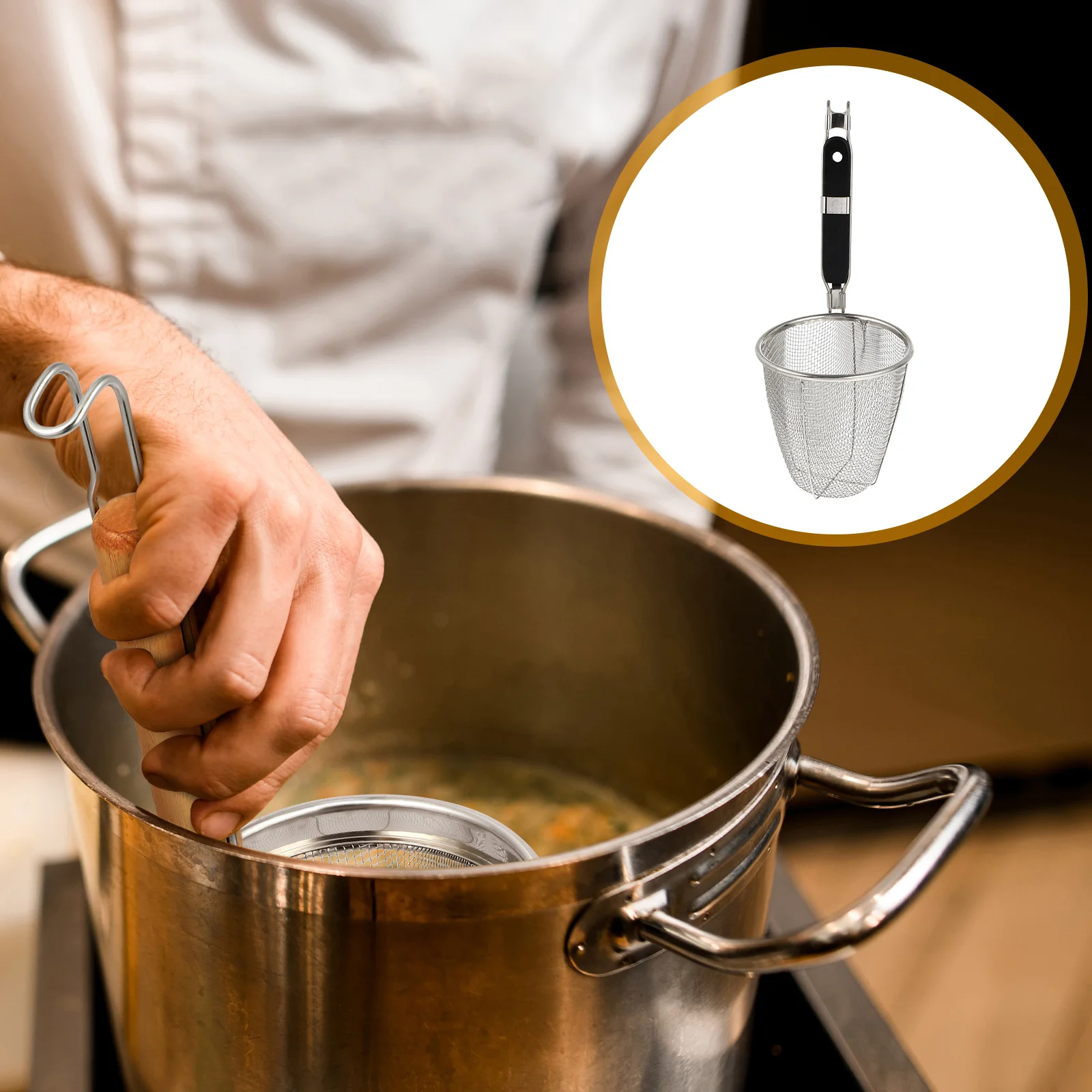 

Stainless Steel Strainer Basket Wire Mesh Food Skimmer Kitchen Sieve for Pasta Dumpling Noodle (Black Handle)