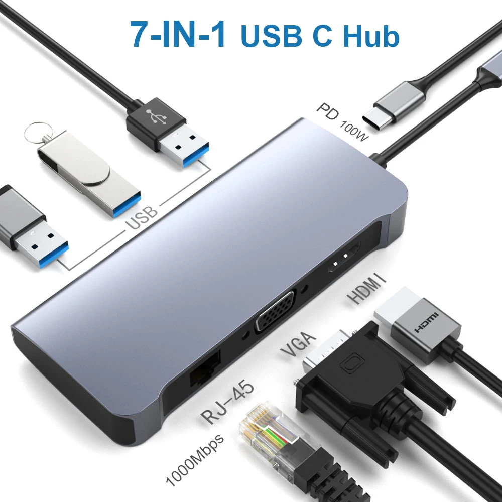 

USB C Hub Type-C To HDMI 4K Adapter with RJ45 Lan Gigabit Ethernet VGA 100W PD for MacBook Pro/Air Ipad Pro OTG Docking Station