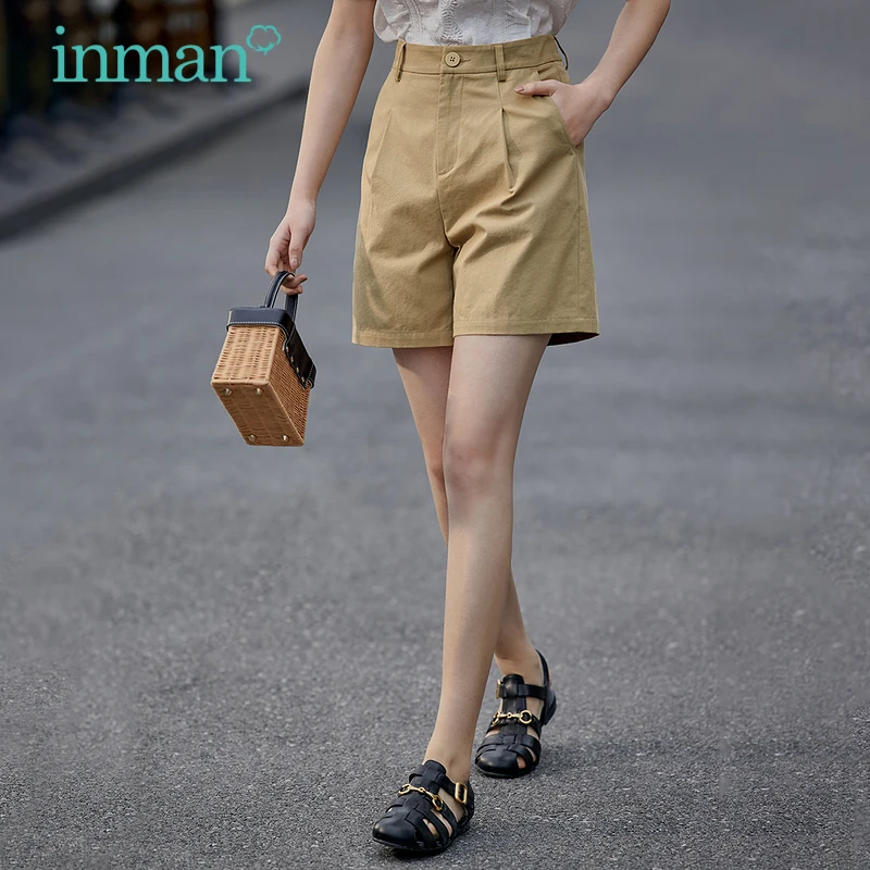 INMAN Summer Casual Women Shorts Minimalism High Waist Women's Pants Loose Short Trousers Pure Color A-line Korean Fashion