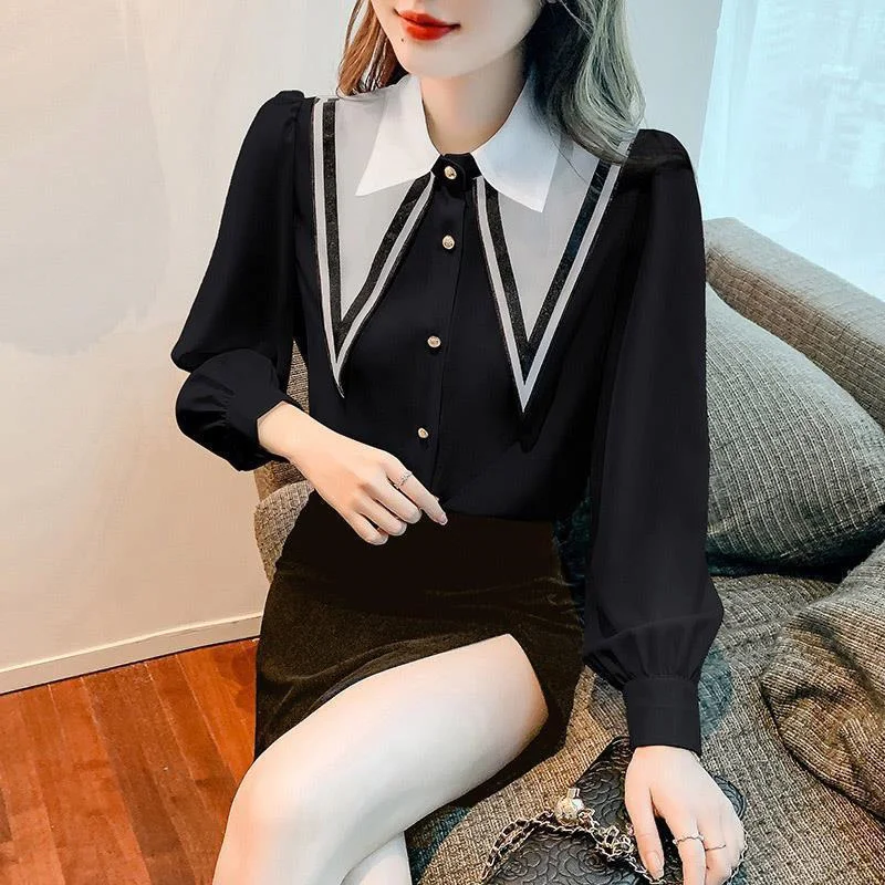 Women's Vintage Fashion Korean Elegant Chic Office Lady Shirt Spring Autumn Long Sleeve Black White Blouse Top Female Clothing