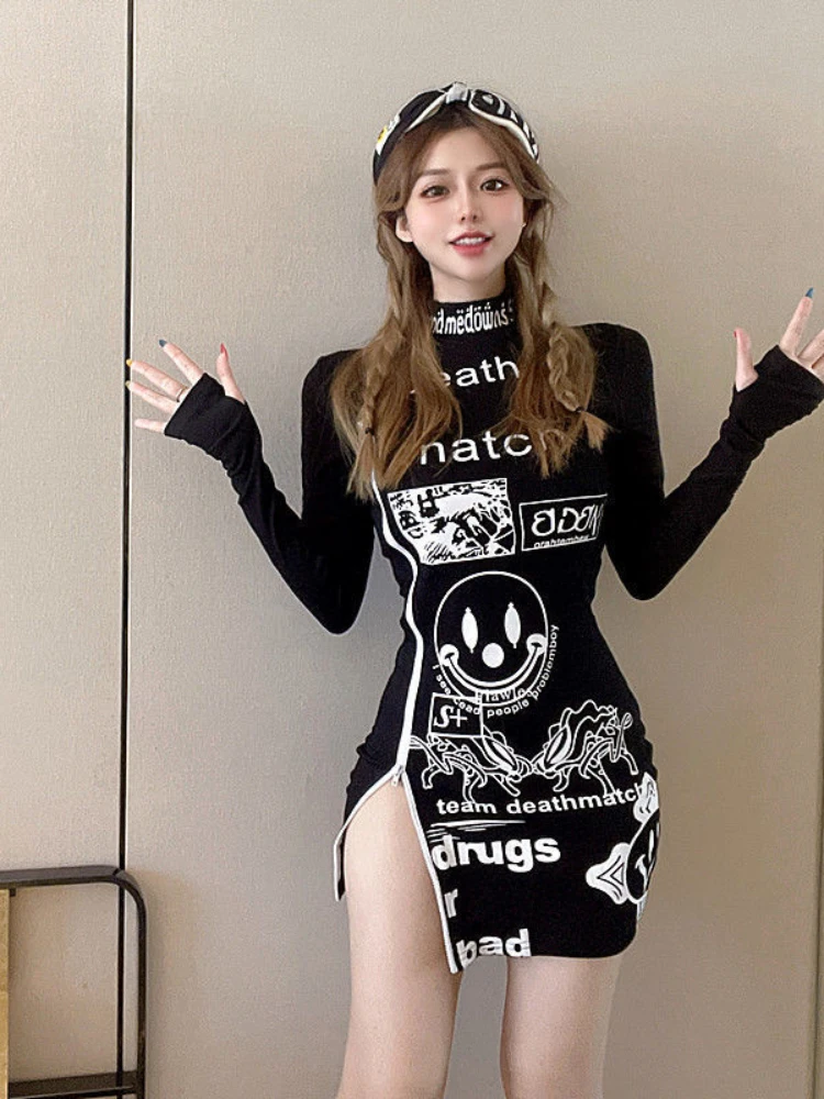 

Half High Collar Y2k Dresses Sexy Female Slim Mini Print Women's Clothing Long Sleeve Spring Autumn Zipper Punk Gothic Vestidos