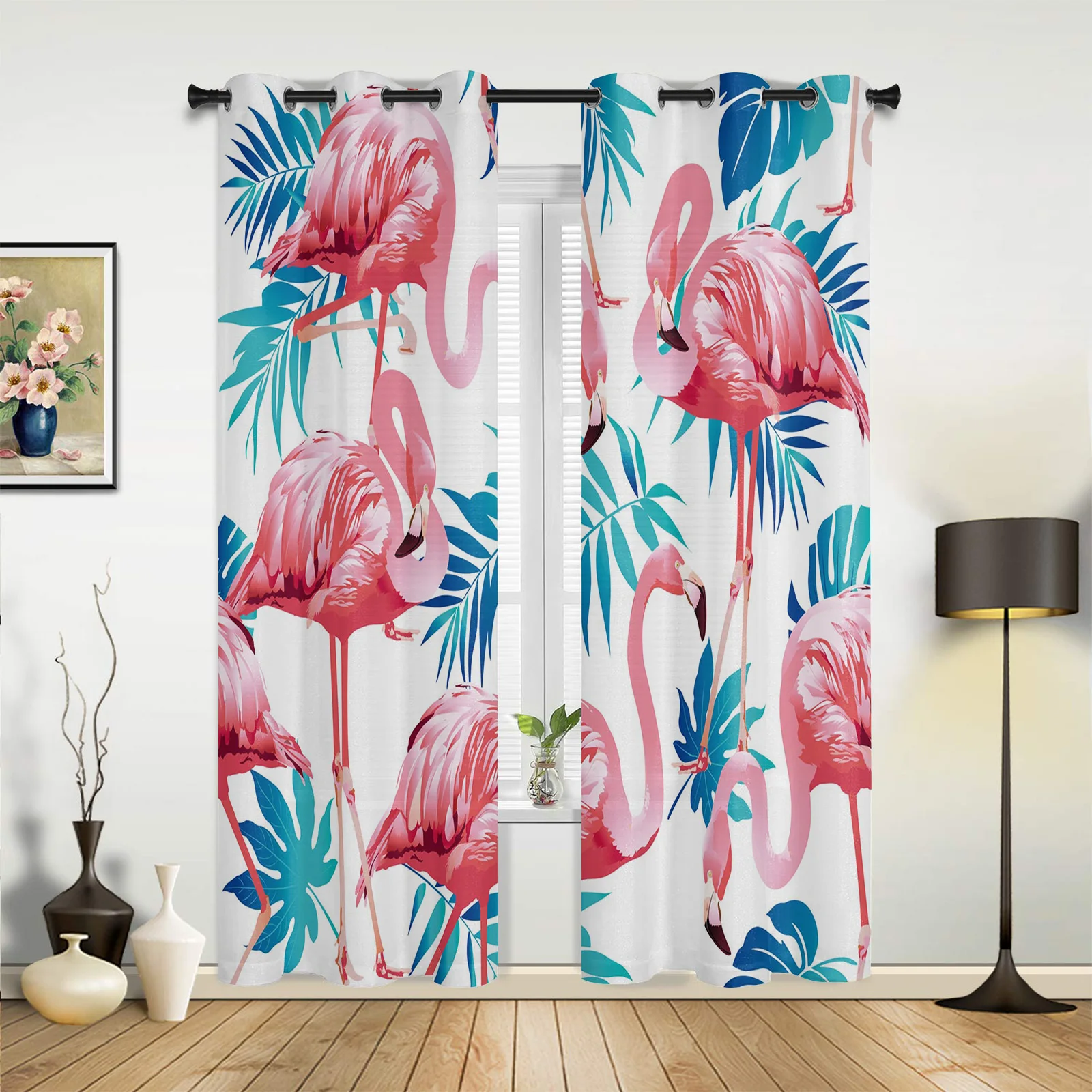 Занавески для спальни и кухни декоративные шторы на окна с розовыми фламинго