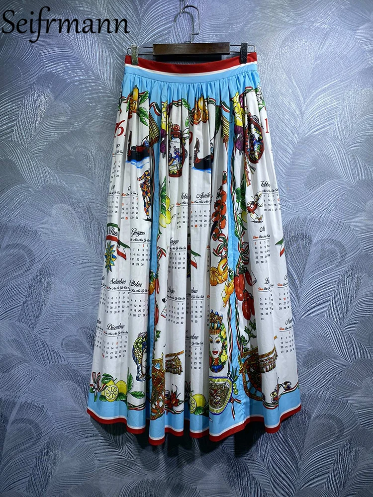 Seifrmann High Quality Summer Women Fashion Designer Party Midi Skirts High Waist Printed Elegant Ladies Cotton A-Line Skirts