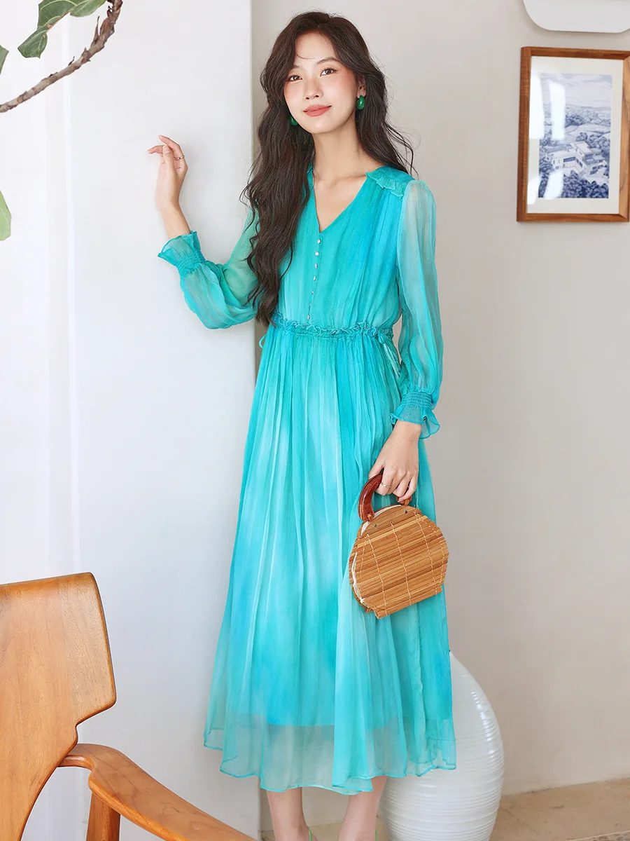 

Женское длинное платье с V-образным вырезом, Бордовое платье из натурального шелка с высокой талией и длинными рукавами, лето 100%