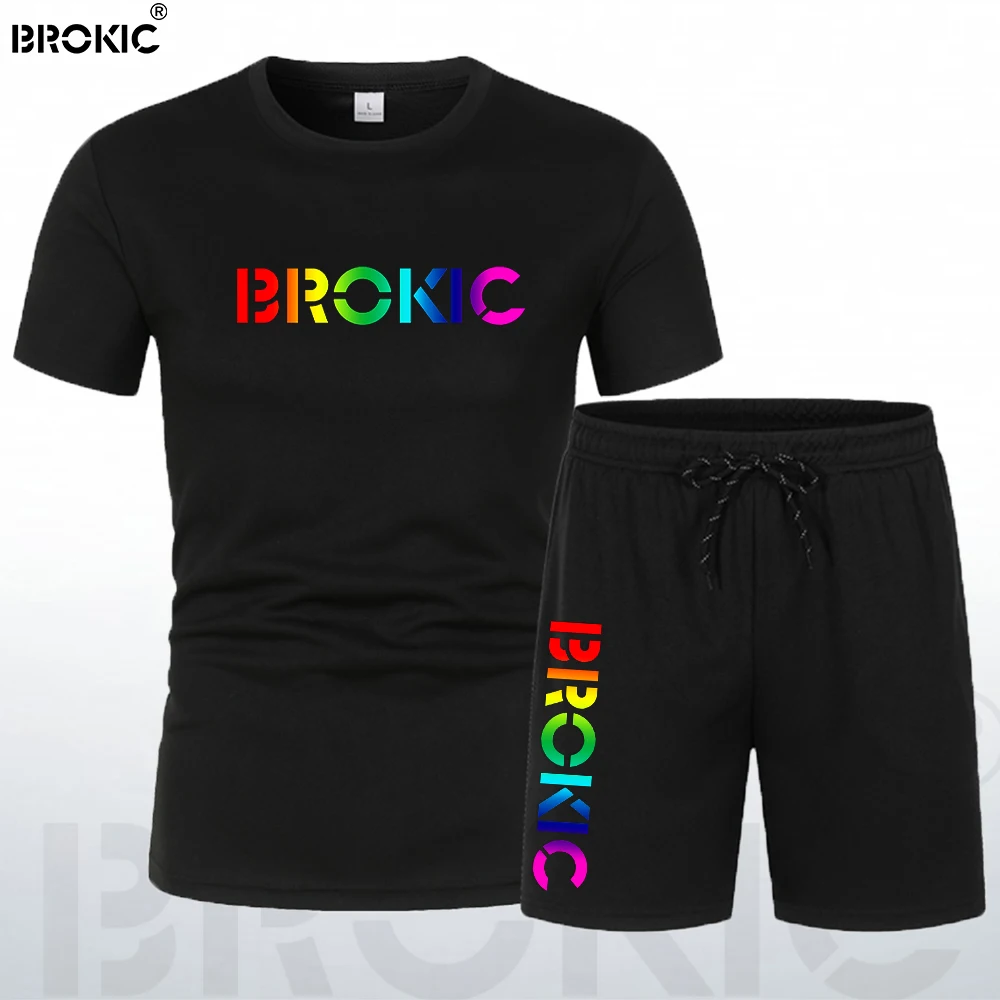 

BROKIC Summer sports T-Shirt Shorts Casual Men's Crew neck Breathable Short Sleeve Tracksuit Sweatpants Fashion Men Clothing