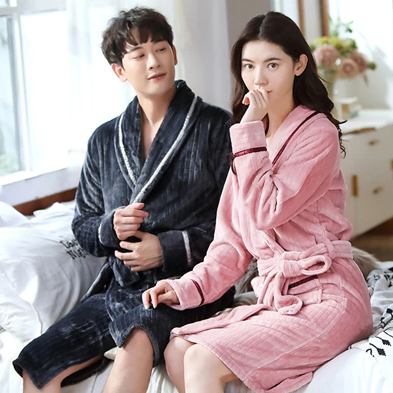Men Winter Cozy Flannel Bathrobe Kimono Warm Coral Fleece Bath Robe Nightgown Couple Pajamas Robes Dressing Gown Women Sleepwear