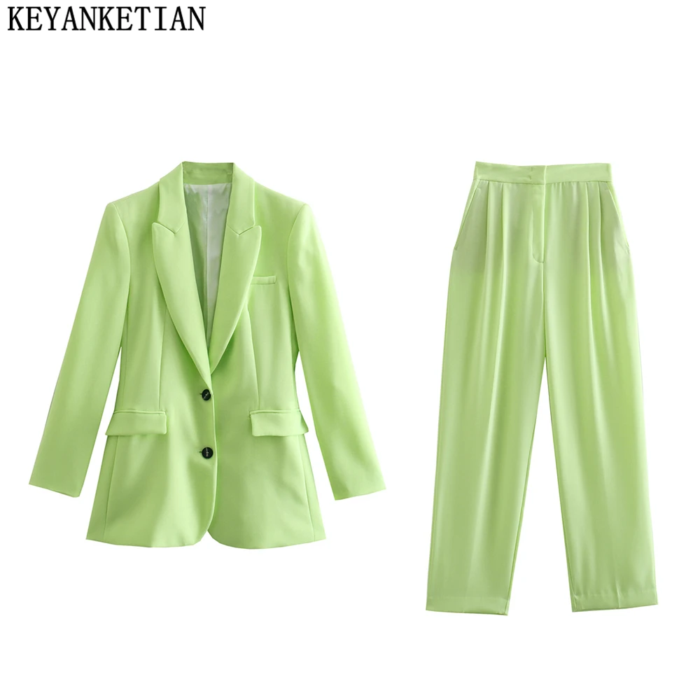 KEYANKETIAN Ladies Light Green Commuter Pants Suit Office Lady Spring Autumn New Slim Double Breasted Suit Pleated Pants