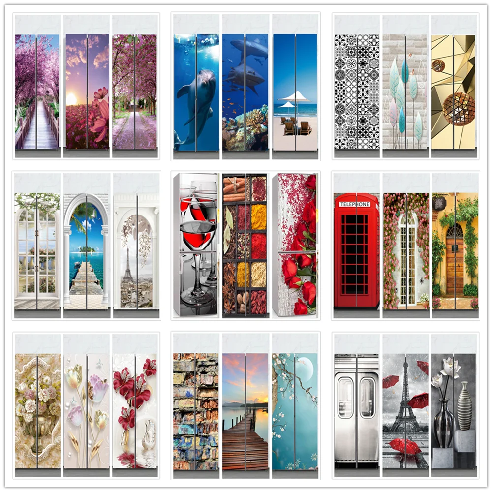 

Red Natural Scenery Refrigerator Door Stickers For Kitchen Renovation Art Waterproof PVC Adhesive Fridge Sticker Cover Door Wrap