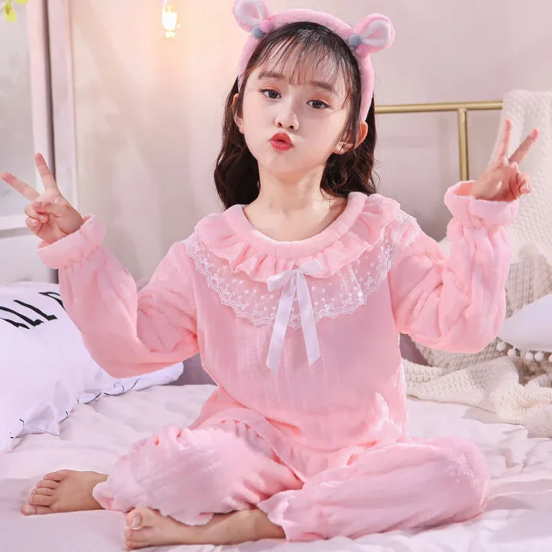 Lovely Sweet Wind Girls Home Clothes Set Children's Autumn Winter Thickened Pajama Set Baby Girls Soft Long-sleeve Pajamas Suits