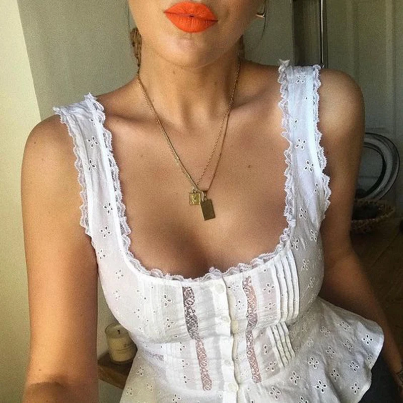 

Женский укороченный топ с кружевной отделкой, без рукавов, на пуговицах