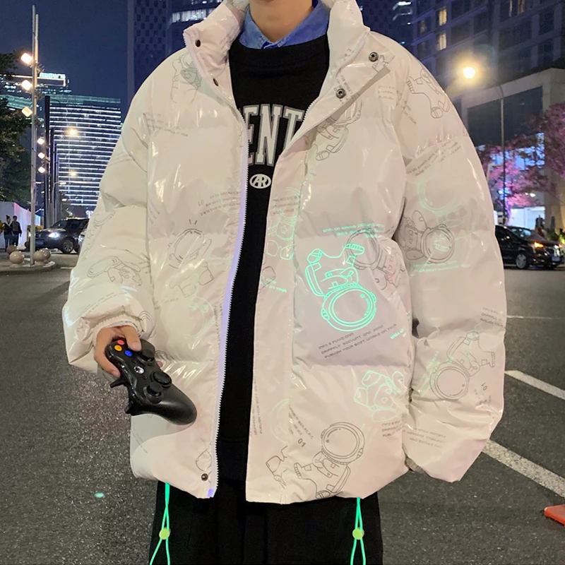 Fluorescent Print Puffer Jacket for Mens Winter Fashion Trends Ski Waterproof Warm Clothing Teen Hip Hop Bubble Coats Streetwear