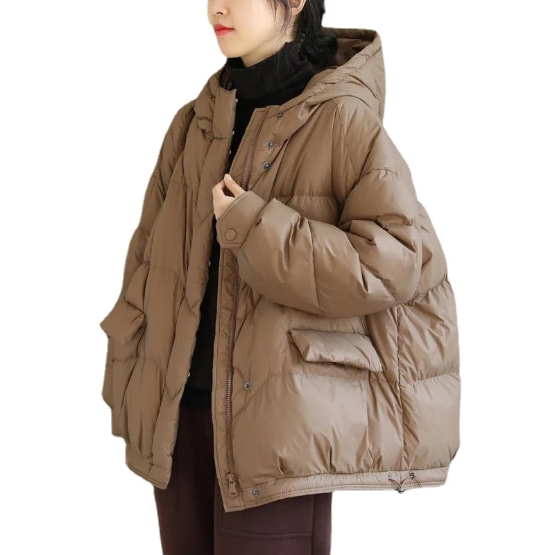 

90 White Duck down New Winter Clothes Pressed Line Plaid Large Pocket Lightweight Warm Hooded down Jacket Hooded Coat Female