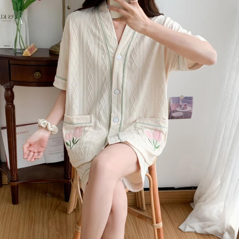 2023 New Pajamas Women's Summer Cardigan Sweet and Cute Thin Section Loose Can Be Worn Outside Homewear Girl Suit Leisure Wear