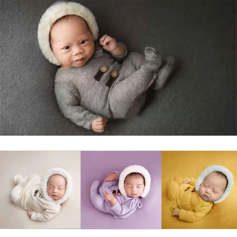

2Pcs/Set Newborn Photography Props Outsuits Baby Knitted Romper Cute Hat Set Infants Photo Shooting Beanies Jumpsuit