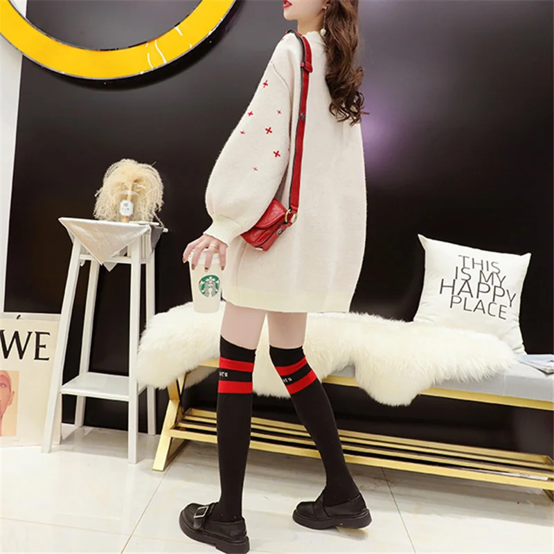 

Winter Autumn Korean Turtleneck Sweater Women Loose Pullover Red Blue Beige Half High Collar Embroidery Knitted Tops Female