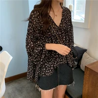 spring and autumn 2022 new sweet simple loose wild temperament is thin v neck floral long sleeved chiffon shirt women