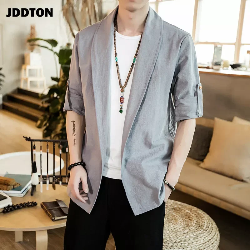 

NEW IN JDDTON Autumn Men Kimono Open Linen Jackets Solid Outerwear Thin Coats Loose Casual Male Long Sleeve Retro Loose Overcoat