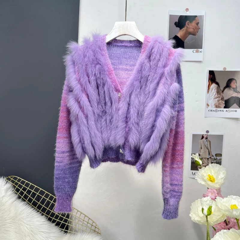 2022 Winter New Stylish Women's Fox Fur Knitted V-neck Cardigan Long Sleeve Real Fox Fur Sweater Coat