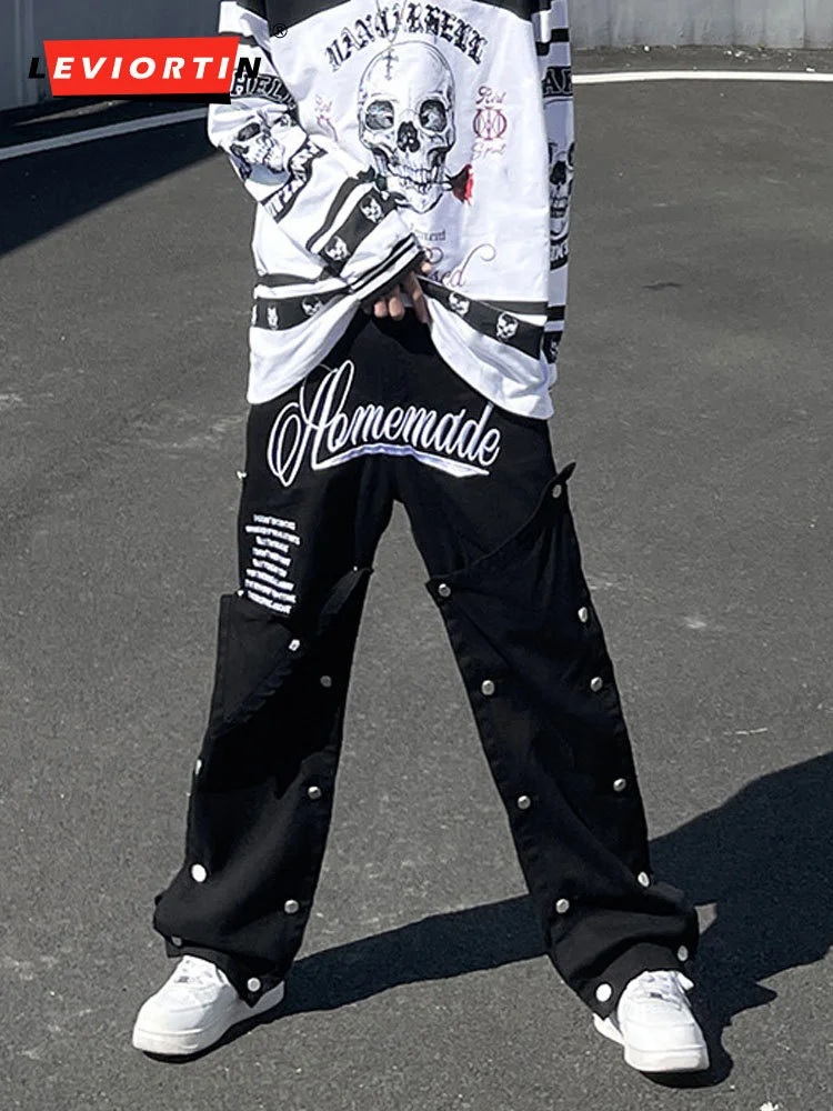 

Y2K Both Side Button Breasted Letter White Black Straight Casual Pants Male And Female High Street Large Dimensions Harajuku