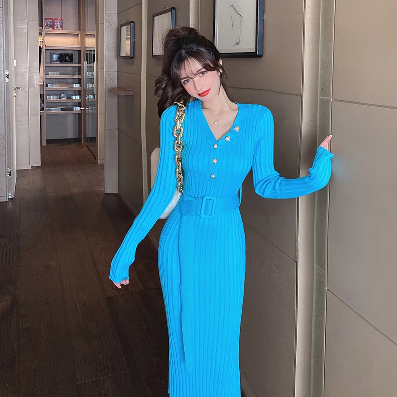 

Women Korean Knitted Dress Long Sleeve V Neck Elastic Slim Pencil Dresses 2022 Autumn Sexy waistband Sweater Dress