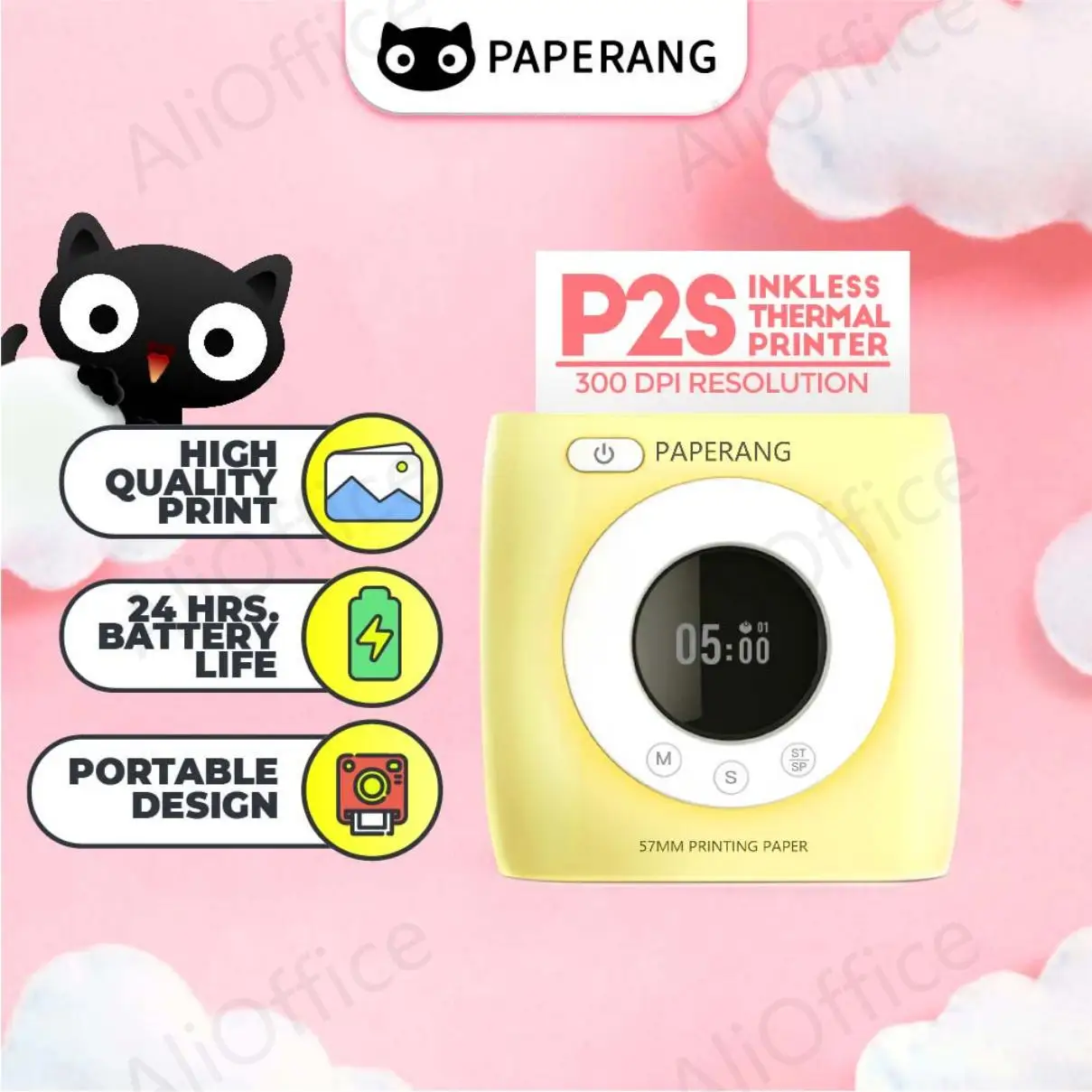 

PAPERANG P2S Pocket Printer 300dpi BT Wireless Thermal Printer Portable Mobile Mini Printer Label Sticker with Clock Function