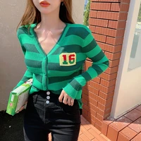 green striped knitted sweater women v neck loose casual single breasted cardigan preppy style sexy sweet autumn winter sweaters