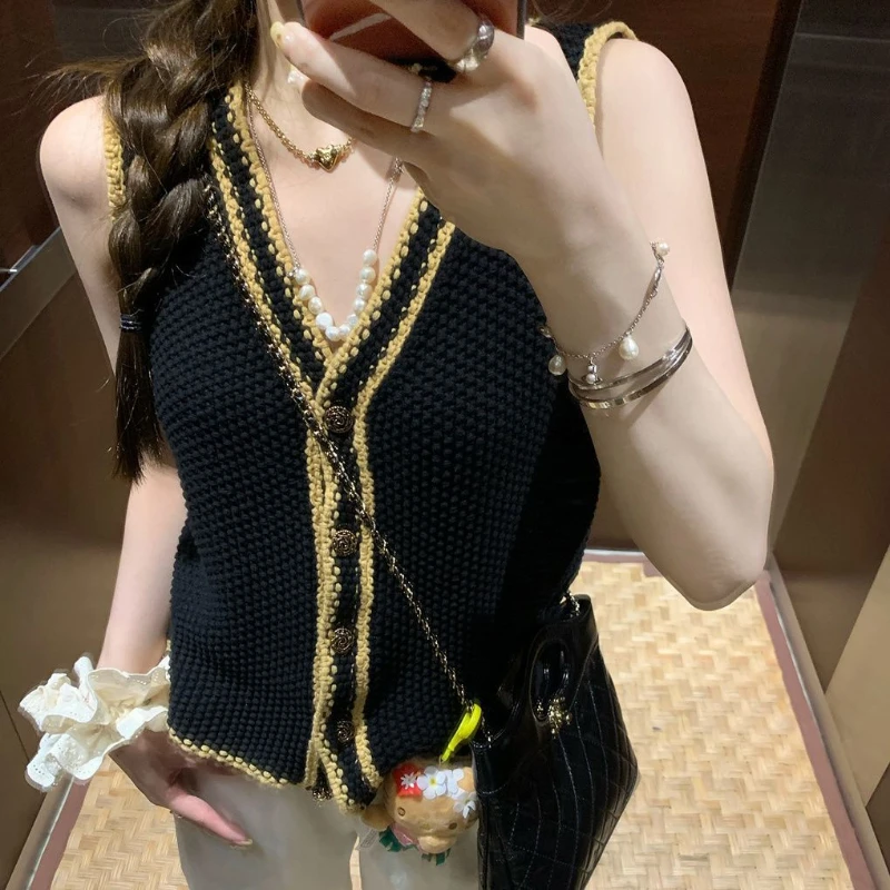 Женский трикотажный жилет Xiaoxiangfeng контрастных цветов с V-образным вырезом